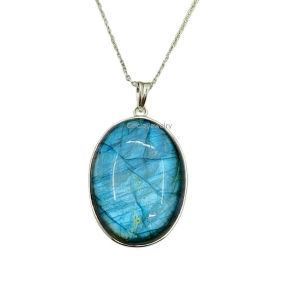 Real 925 Sterling Silver Necklace For Women, Genuine Oval Labradorite Blue Fire Gemstone Amazing Handmade Jewelry For Her