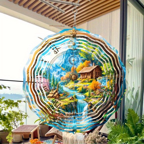 HELLOYOUNG Flat Wind Spinner Metal Suncatcher, Bohemian Stained Glass Autumn Landscape, Weatherproof Outdoor Garden Patio Decor Art