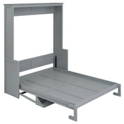 Euroco Queen Size Murphy Bed with Desk and Shelves, Convertible Wall Bed into Cabinet for Living Room, Easy Open and Close, Gray