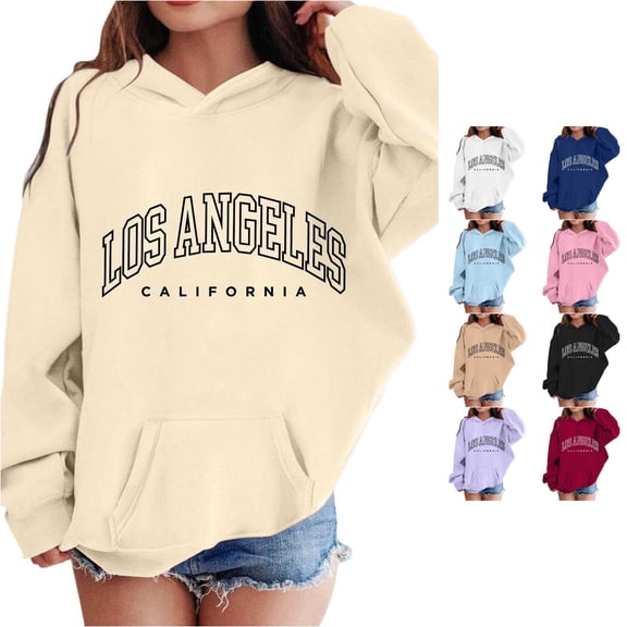 Krdevn Kids Cream Los Angeles Letter Graphic Pullover Hoodie Kangaroo Pocket Soft Sweatshirt,9-10 Years