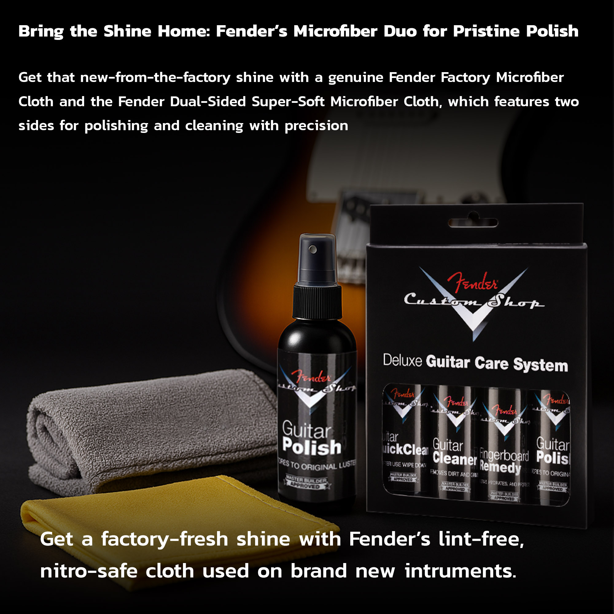Fender Guitar Super Care Kit Bundle with Custom Shop Deluxe Guitar Care System 4 Pack, Speed Stick String Cleaner, Super-Soft Dual-Sided Microfiber Cloth, and Fender Factory Microfiber Cloth