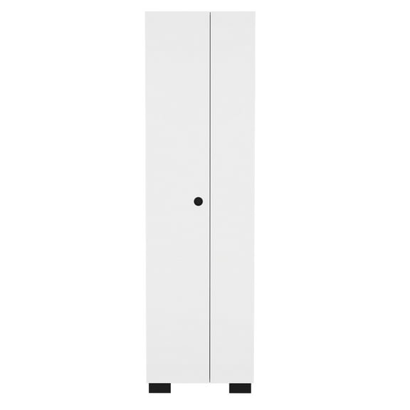 Garage Broom Cabinet In White - Slim Space-saving Structure, Double Doors Expose Spacious Inner Shelves And Base Compartment For Storage, Side-mounted Hangers Included Compact Design Space