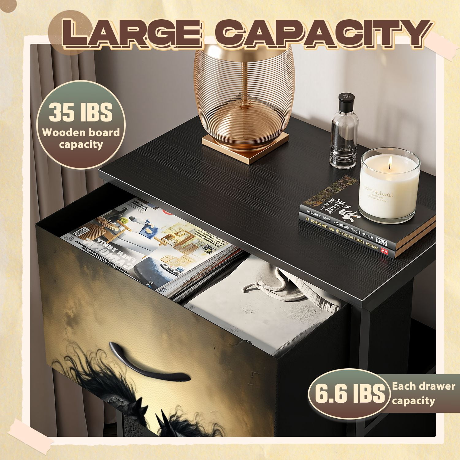 Gothic Dresser for Bedroom with 4 Storage Drawers Dark Fantasy Black Horses Fiery Accents Red Eyes Dressers Chest of Drawers Steel Framed Fabric Closet Organizers for Dorm Entryway