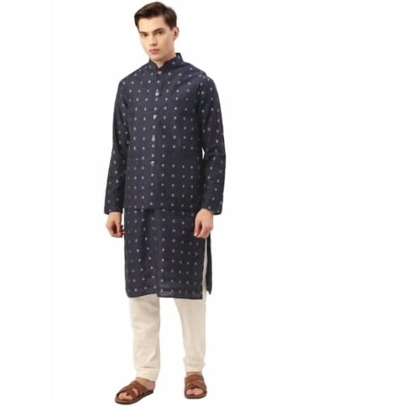 Sojanya (Since 1958) Silk Silk Blend Navy Kurta & Nehrujacket With White Pyjama Combo, Size 36