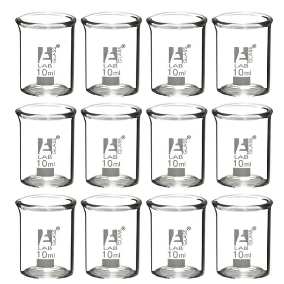 12PK Beakers, 10ml - Griffin Style, Low Form with Spout - Ungraduated - Borosilicate 3.3 Glass - Eisco Labs