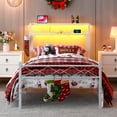 thumbnail image 4 of Yoneston Twin Size Power Outlet LED Light Metal Platform Bed Frame with 2-Tier Storage Charging Station Headboard for Girls Teens Kids Bedroom, White, 4 of 12