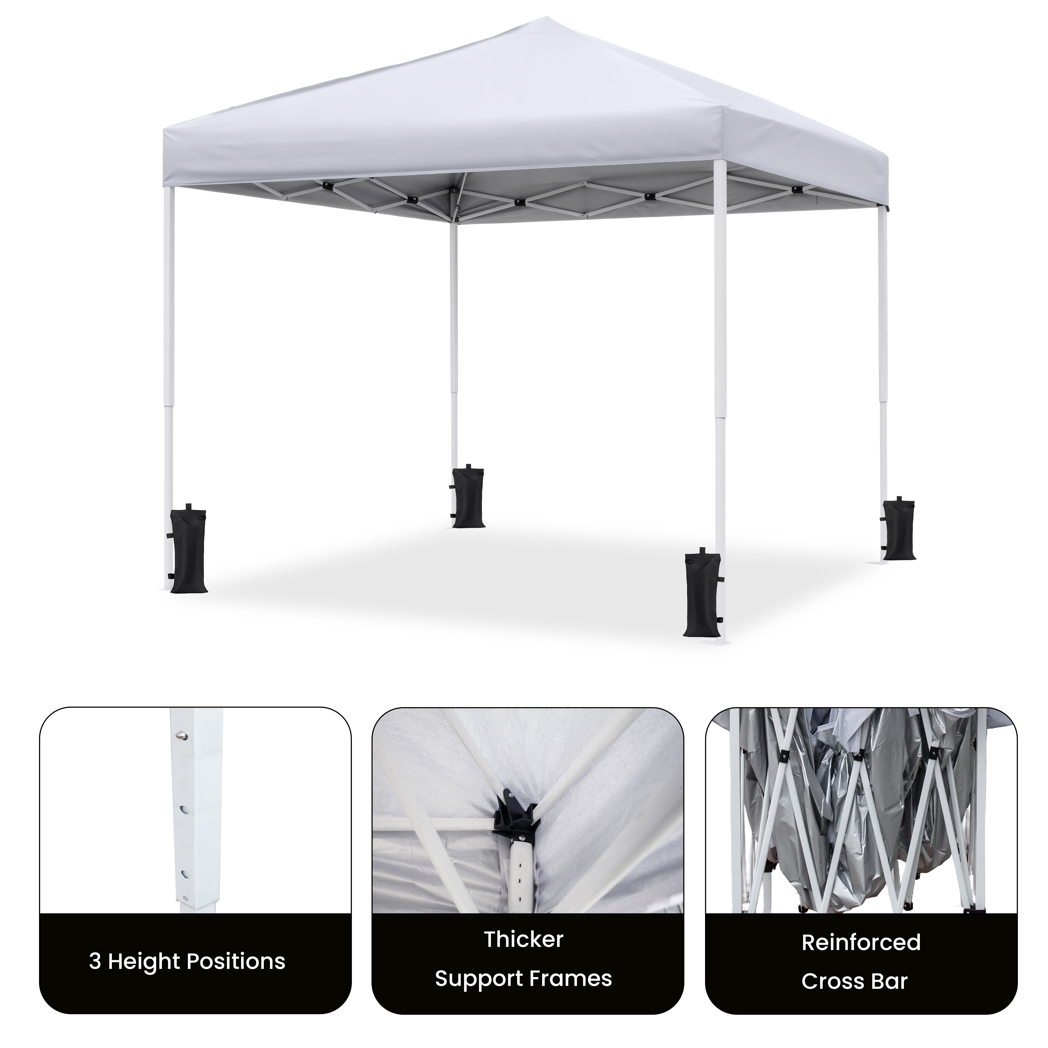 Leumius 10x10 ft Pop Up Canopy Tent with 3 Adjustable Heights (5.8-6.4ft) ,Portable Gazebo Instant Canopy for Camping Beach,White