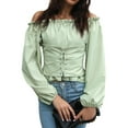thumbnail image 3 of QAFOPEH Women Solid Color Off Shoulder Long Sleeve Corset Design Smocked Blouse, 3 of 7