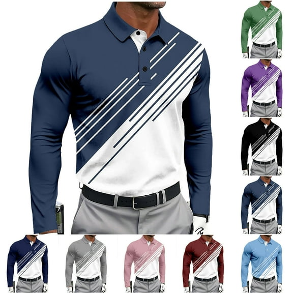 Stamzod Shirts for Men Fashion Strip Printed Turndown Long Sleeve Shirt Gym Workout Casual Shirts for Men Navy B M