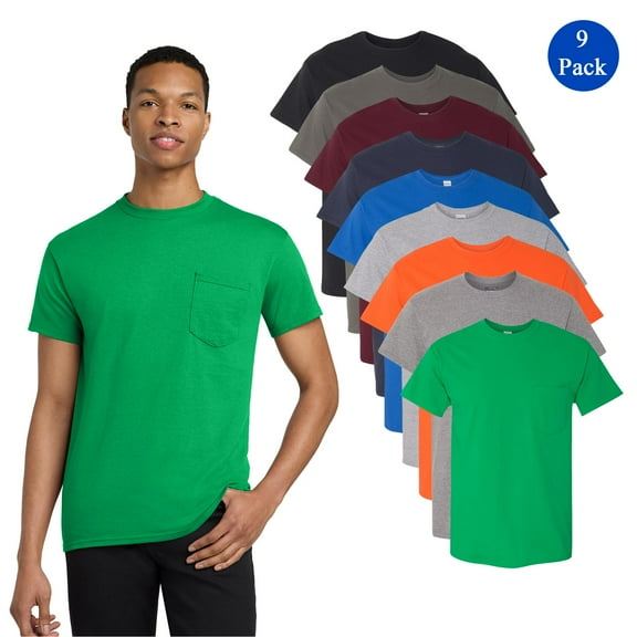 Gildan Short Sleeve Crewneck Assorted T-Shirt, Men's Heavy Cotton Classic Pocket Tee, 9 Pack, S