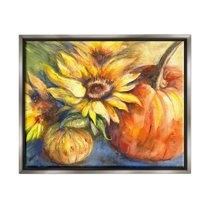 Stupell Industries Fall Sunflowers & Gourds Botanical & Floral Painting Gray Floater Framed Canvas Art Print Wall Art, 21 x 17