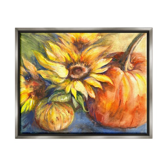 Stupell Industries Fall Sunflowers & Gourds Botanical & Floral Painting Gray Floater Framed Canvas Art Print Wall Art, 21 x 17