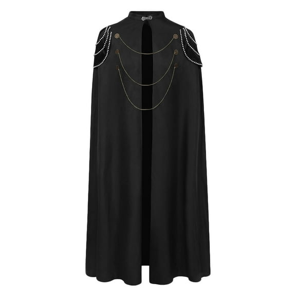 ZQUUVOU Men's Long Gothic Cape with Shoulder Pads Chain Bead Medieval Cloak for Theatre and Performance Party Dress Up Black