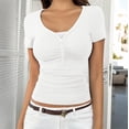 thumbnail image 2 of FRSASU Womens Short Sleeve Shirts V Neck Rib Knit Slim Fit Tops Casual Stretch Basic Tee Going Out Top Summer Fashion White, 2 of 6