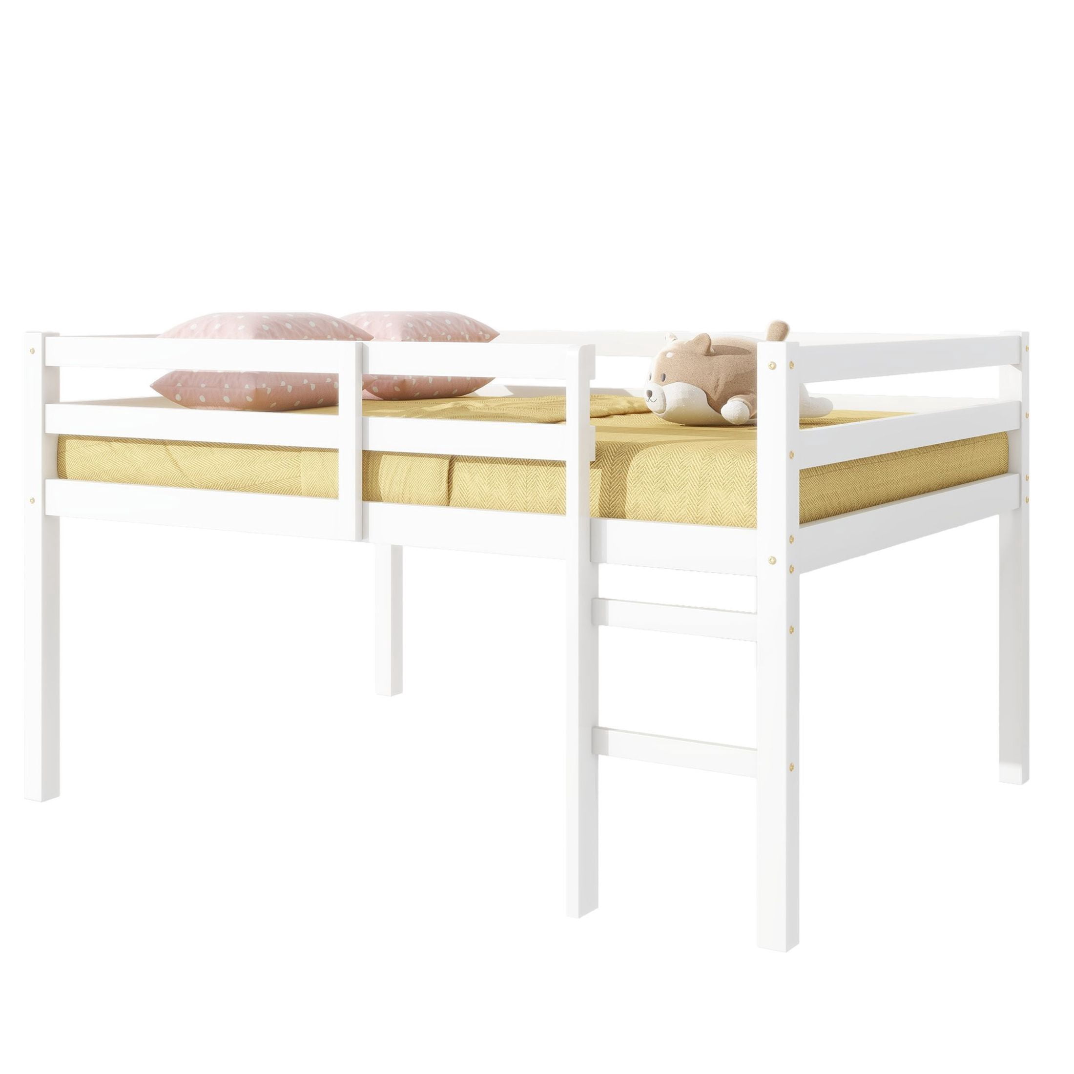 Noble House Full Loft Bed, Rubber Wood Frame with Ladder, Guardrails & Space-Saving Storage Design, White