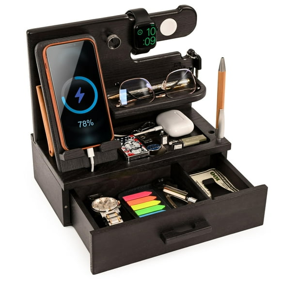 Mesita de noche TESLYAR de madera con cajón para teléfono, color negro