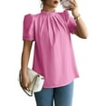 thumbnail image 3 of Women'S Summer Boho Shirt Short Sleeve Frill Trim Mock Neck Floral Solid 2025 Casual Blouses Shirts Tops Pink L, 3 of 8