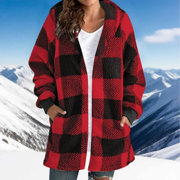 Timegard Winter Coats for Women Fleece Lined Plaid Long Sleeve Outwear with Hood Open Front Warm Loose Jackets