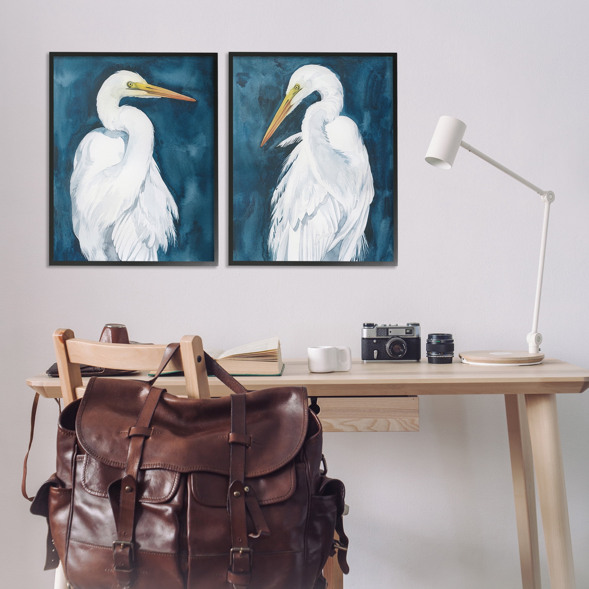 Stupell Industries Elegant Egrets on Blue Animals & Insects Painting Black Framed Art Print Wall Art, 24 x 30, Set of 2