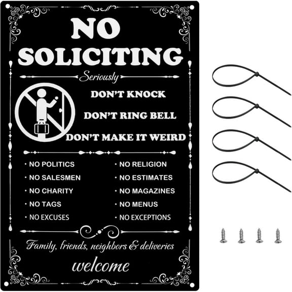 Metal No Soliciting Sign for House Front Door Yard Fence No Soliciting for Home, Don't Knock Don't Ring Bell No Solicitation Sign with 3 Installation Ways,8×12 inch