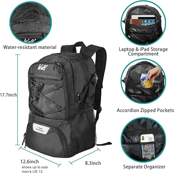 WOLT Best Basketball Backpack for Man with Ventilated Shoe & Ball Compartments, 34L Basketball Bag Black