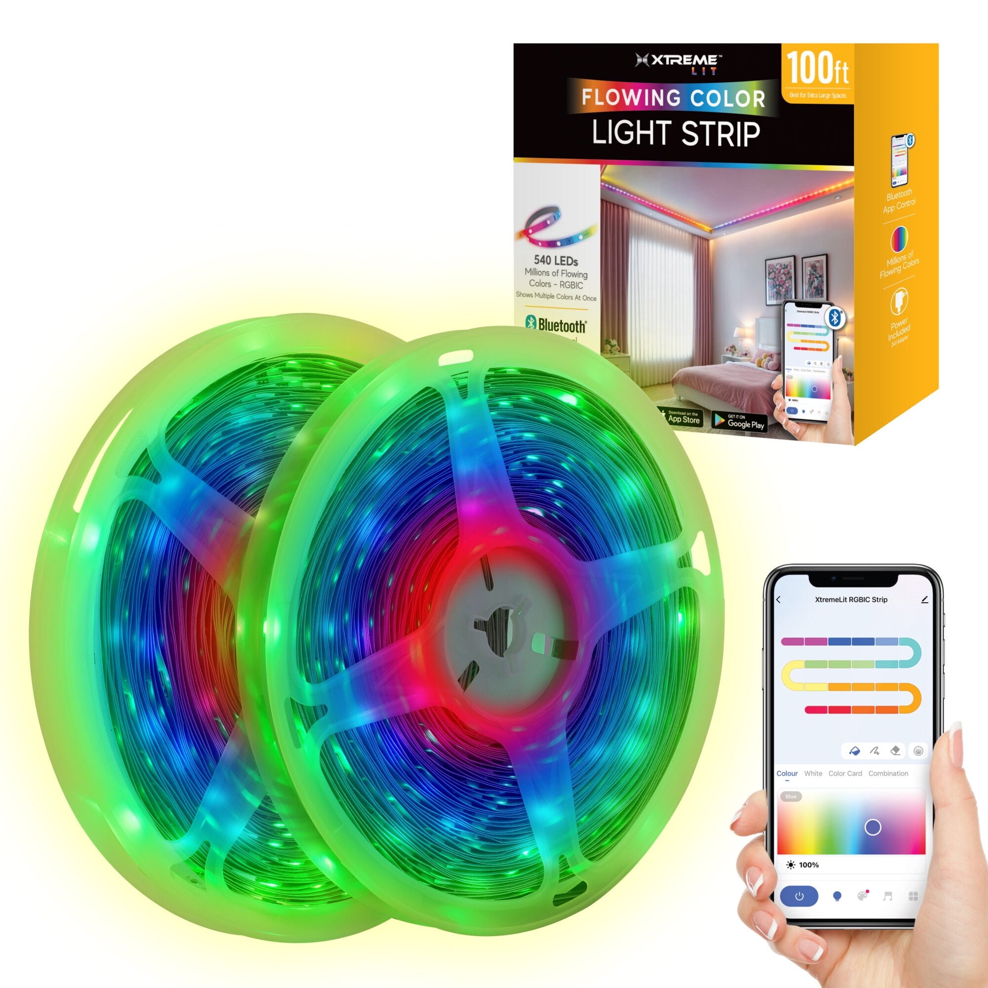Xtreme Lit 100ft LED Strip Lights, Multicolor Flow LED Lights for Bedroom, Bluetooth App Control