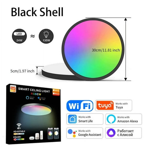 WiFi Smart Ceiling Light with Alexa & Google Home Compatibility, Ultra-Thin Modern Design, RGBCW Multicolor LED, Dimmable, Voice Control, Ideal for Bedroom, Living Room, and Kitchen