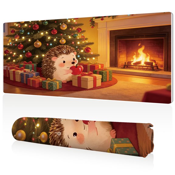 LIVEKEY Mouse Pad 80x40cm Extra Large Non Slip Stitched Edges Full Coverage Durable Easy Clean Christmas Hedgehog Fireplace Gifts Art for Gaming Office