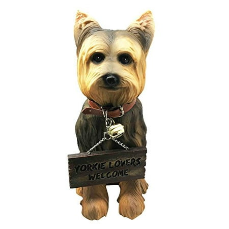 Miniature Yorkshire Terrier Pedigree Yorkie Yorkshire Terrier Figurine With Jingle Collar and Sign Patio Welcome Decor Sculpture ()