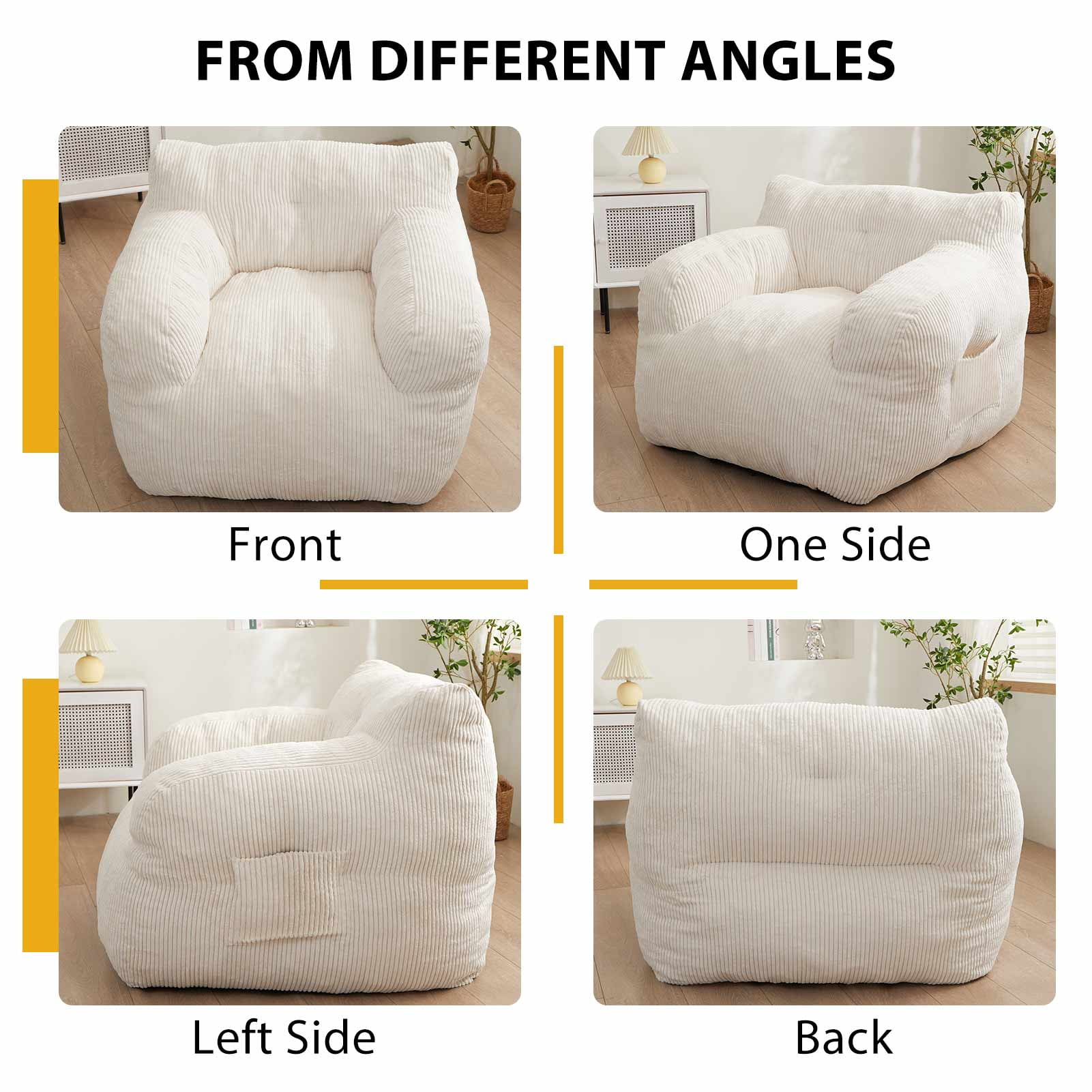 GOODONE Giant Bean Bag Chairs for Adults,Big Comfy Chair Sofa for Bedroom Living Room, Large Lazy Bean Bag Chair with Pocket Armrests for Gaming, Reading,Beige,L