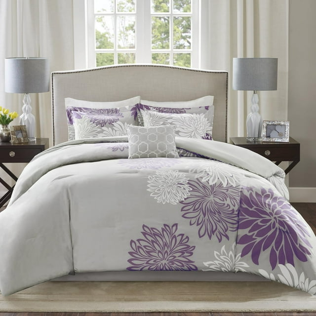 Comforter SetModern Floral Design All Season Down Alternative Bedding Matching Shams Bedskirt Decorative Pillows King ( in x in) /