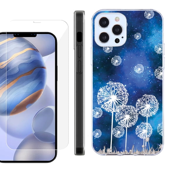 Slim Fit Protective Phone Case for Apple iPhone 12 / iPhone 12 Pro, with Tempered Glass Screen Protector, by OneToughShield ® - Dandelion Stars