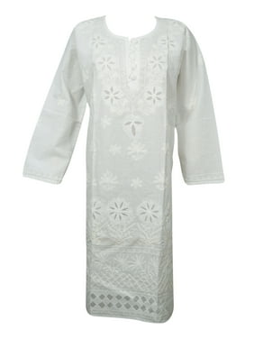 Mogul Womens Cotton White Tunic Dress Floral Embroidered Long Sleeves Ethnic Indian Style Long Summer Dresses L