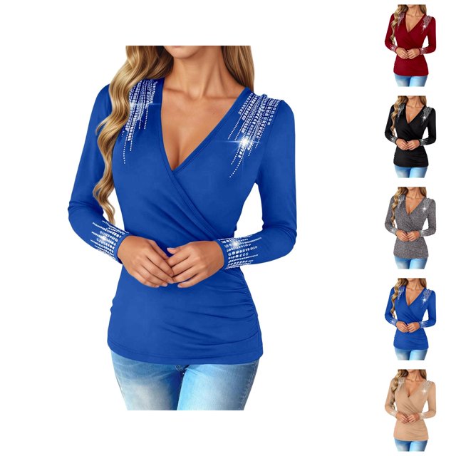 Womens Long Sleeve Tops 2026 Spring Trendy V Neck Rhinestone Shiny T Shirts Y2K Going out Tops Clubwear