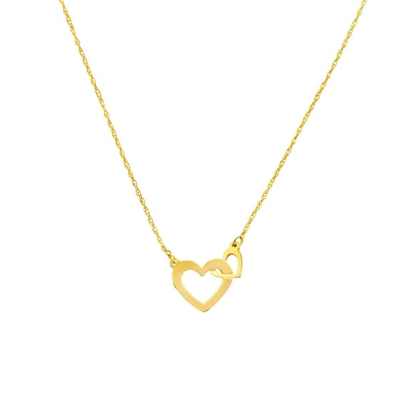 Honey Crush Real 14K Yellow Gold Polished Mini Interlocked Asymmetrical Hearts Necklace (15mm, 16-18in)