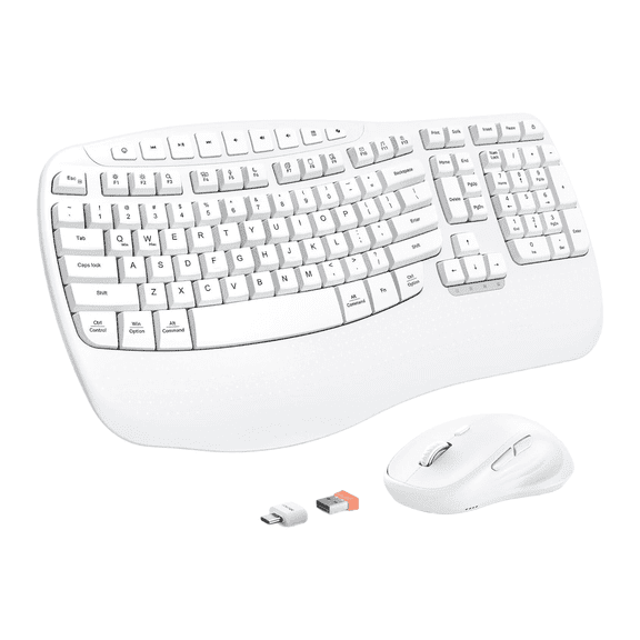 Meetion USB Wireless Ergonomic Keyboard and Mouse Combo with Wrist Rest & Wave Keys, White, For Windows/Mac