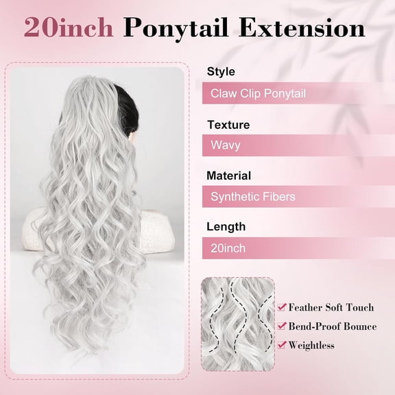WEIF-Ponytail Extension 20 Inch Claw Clip Ponytail Hair Extension Natural Synthetic Curly Wavy Hairpiece for Women Daily Use(Silver Grey)