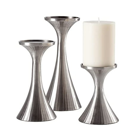 Torre & Tagus Tomar Metal Pillar Candle Holder Set of 3 for Living Room Mantle Table Display, Pewter