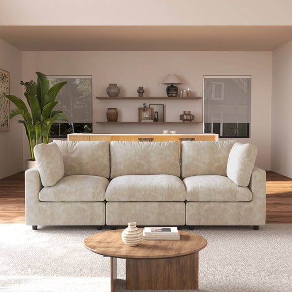 bokifol 3-Seater Cloud Sofa,100.5"Modular Sectional Couch,Modern Deep Seat Sofa for Living Room,Comfy Double Layer Upholstered Seat Cushion,Breathable Chenille Fabric,Khaki
