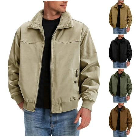 Txeol Khaki Winter Coats Men Fleece Sherpa Jackes Zip Up Casual Cotton Bomber Jacket Outdoor Sport Warm Outwear with Fur Collar XXXXL