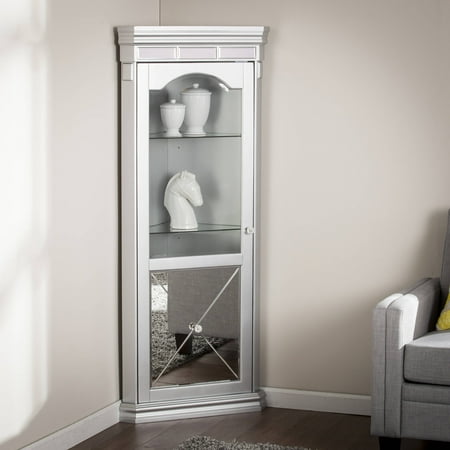 Southern Enterprises Illusions Mirrored Lighted Corner Curio Cabinet, Matte Silver (Box 2 of 2)