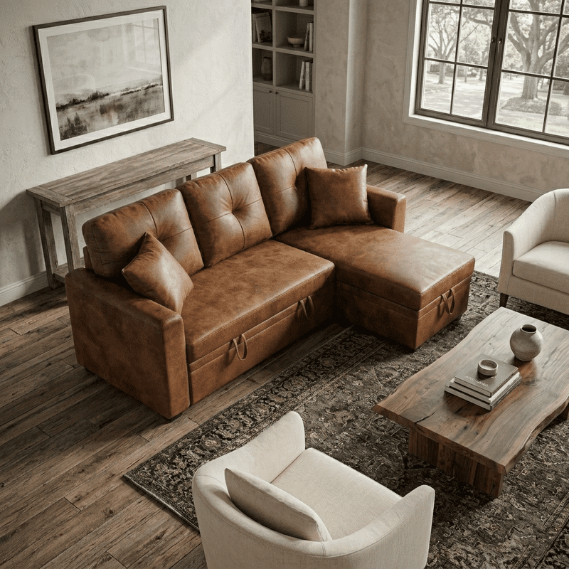 Sleeper Sofa Sectional with Pull-Out Bed – Reversible Chaise + Hidden Storage, Breathable Fabric, L-Shaped Couch for Small Spaces, Convertible Sofa Bed for Living Room
