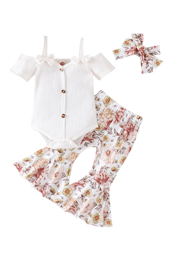 Infant Baby Girl Clothes Suspenders Short Sleeve Ribbed Romper Flared Pants Set Headband 3pcs Summer Outfit