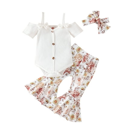 

Carolilly 3Pcs Baby Girl Spring Summer Outfits Cotton Blend Short Sleeve Cold Shoulder Romper + Flare Pants + Headband 3M-2Y