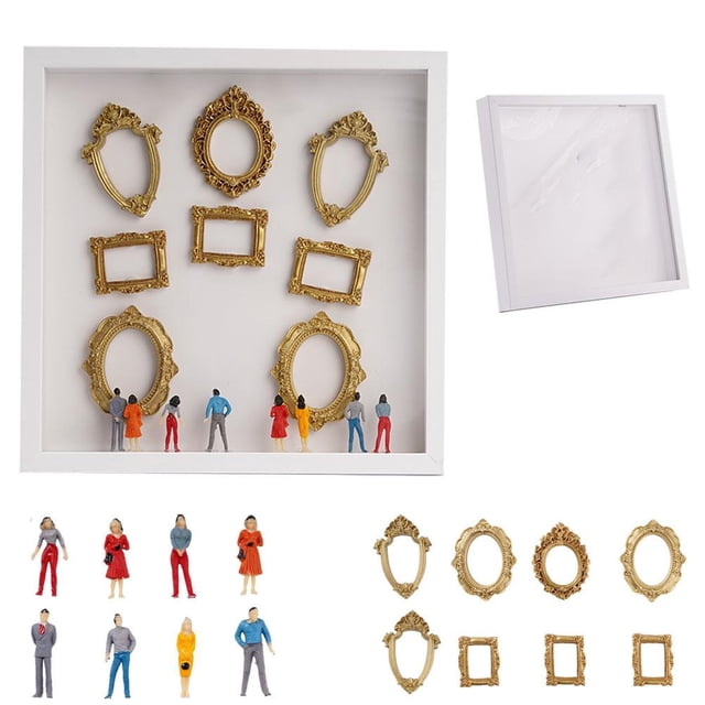 DIY Mini Museum Silhouette Box, No Lights, Creative Memory Display Kit with 8 Gold Frames & Figurines, Home Decor Gift