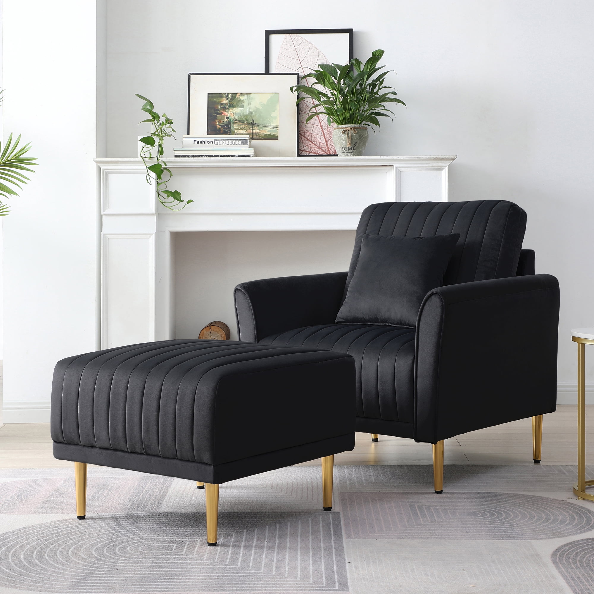 Accent Chair with Ottoman Set, Modern Velvet Tufted Upholstered Lounge