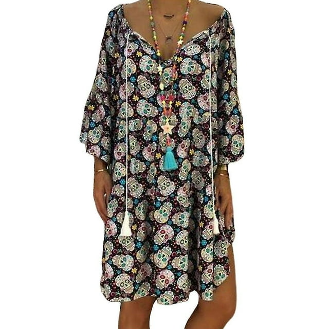 Vestido de camiseta holgado y fluido con mangas 3/4 y cuello en V de talla grande para mujer Halloween Skull Flo