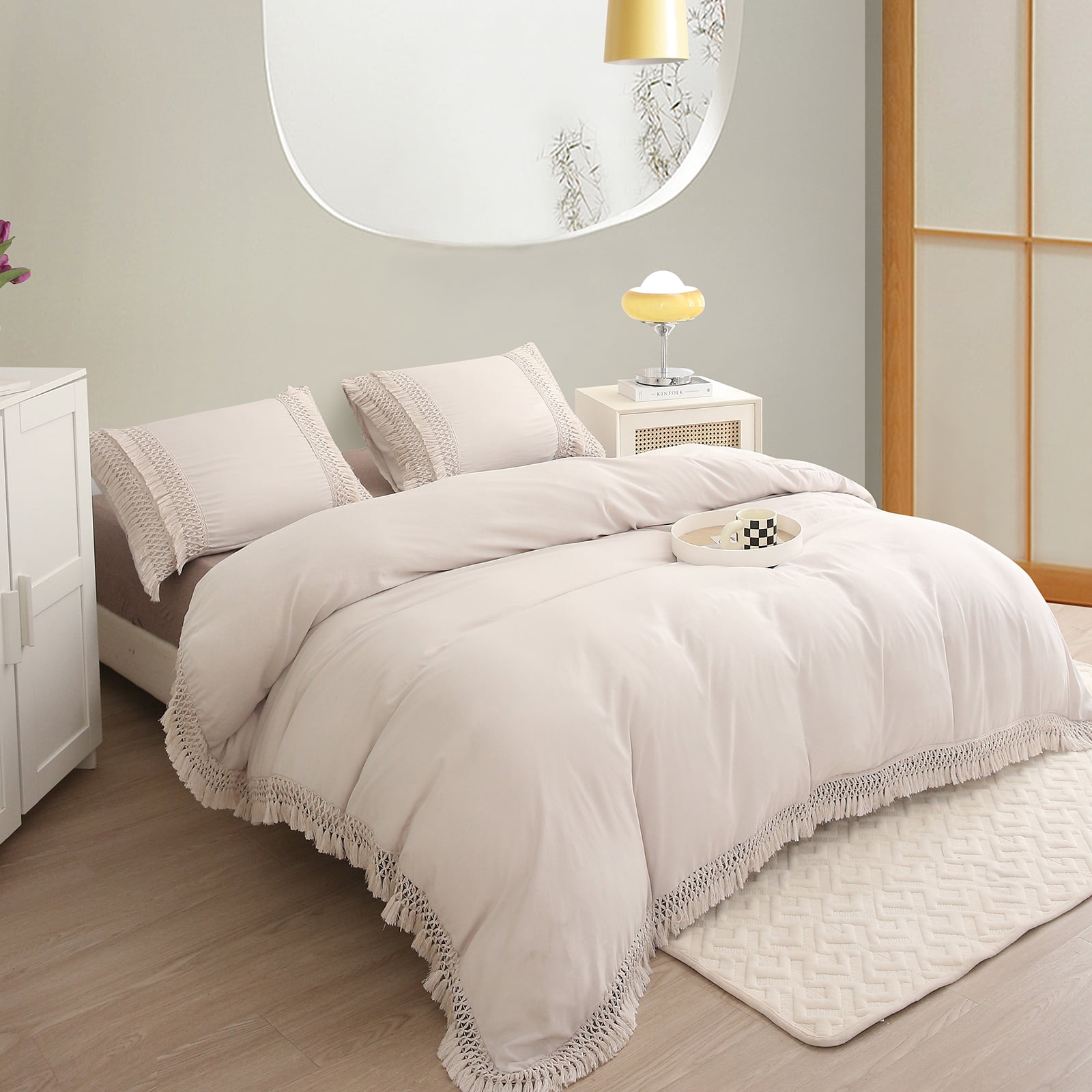 Move Over Beige Grey Macrame Tassel Bedding Sets Twin Washed Microfiber Tassel Patern Boho Handmade Duvet Cover Set No Filling