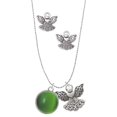thumbnail image 1 of Delight Jewelry Silvertone Round - Imitation Cat's Eye - Green - Silver tone Guardian Angel Charm Necklace and Stud Earrings, 1 of 4