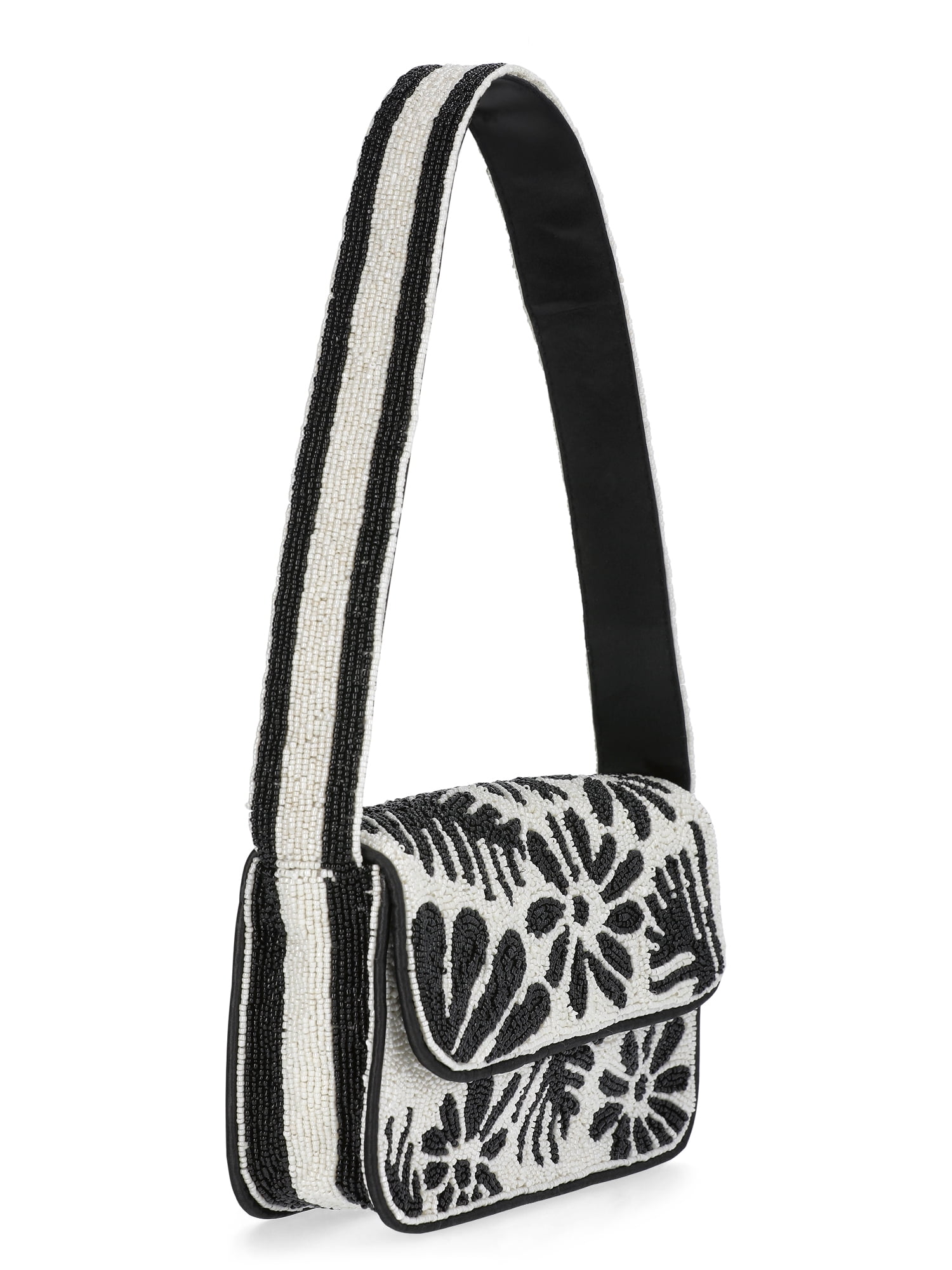 Scoop Women's Beaded Flap Shoulder Bag, Black/White